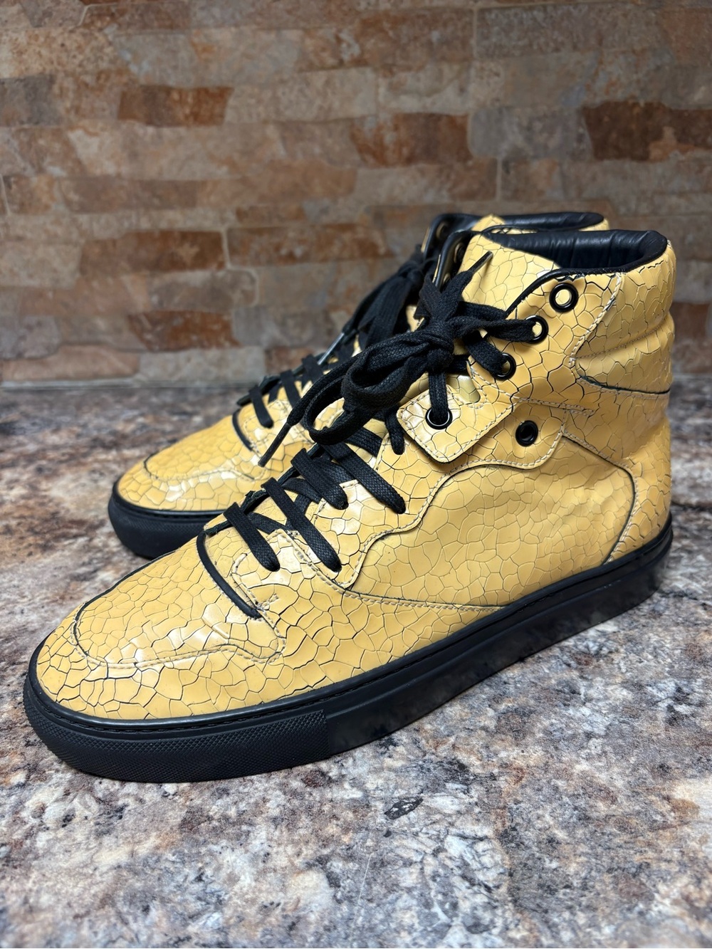 Balenciaga Yellow Cracked Leather High Top Patent Leather Sneakers Size 39